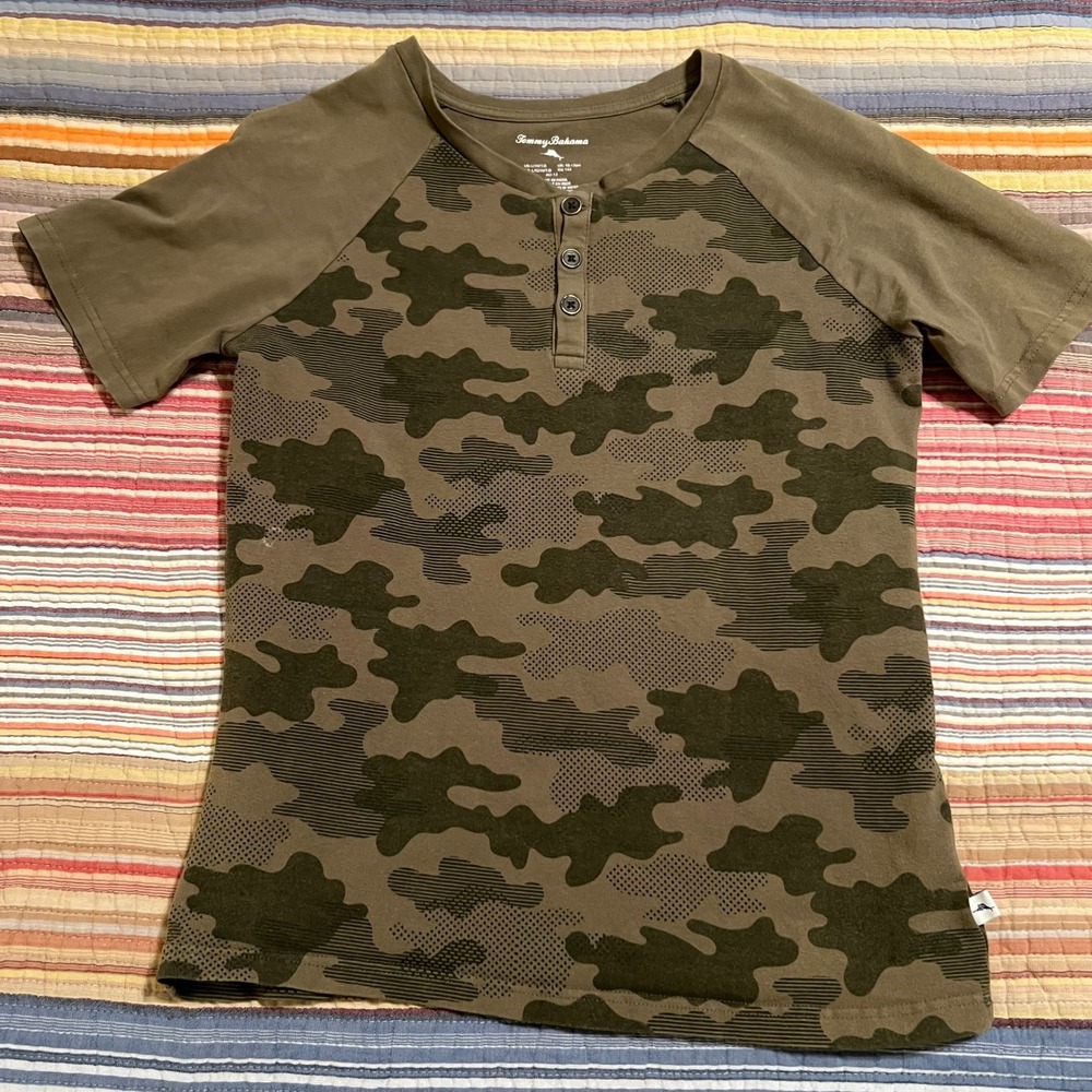 Tommy Bahama Kid Boys Henley T Shirt Camo Raglan Short Sleeve Green Size L 10/12